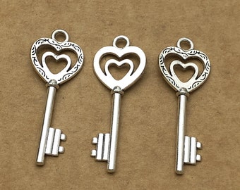 10pcs Antique Sliver Key Charms, Heart Key Pendant, Keychain Charms Jewelry Supplies