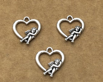 40pcs Antique Silver Heart Charms, Angel Charms,Heart Pendant,Double Sided Charms Jewelry Findings