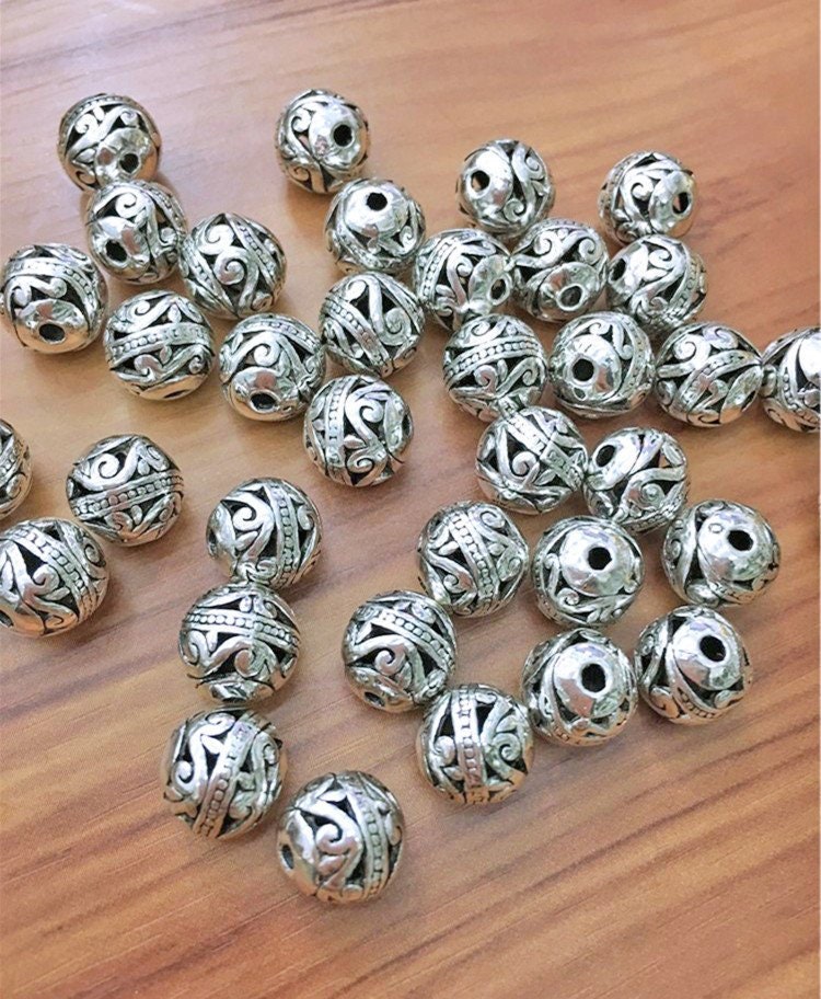 10/20Pcs Tibetan Silver Round Hollow Loose Spacer Carved Beads Jewelry DIY 10mm 
