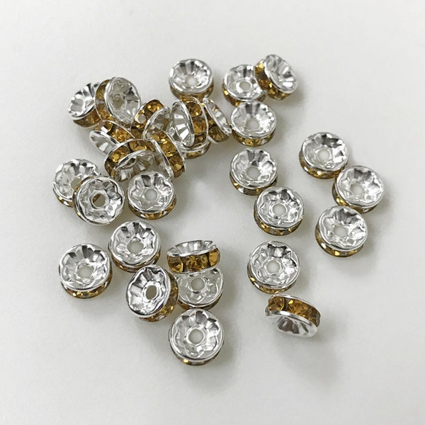 100pcs clair strass Rondelle, perles intercalaires argent, 8mm 10mm