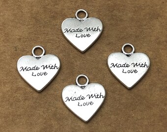 20pcs Heart Charms, Double Sided Heart Pendants, Made With Love Charm Jewelry Findings
