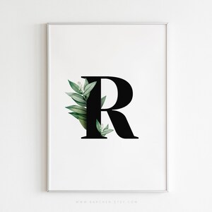 Modern Green Leaves, Botanical Nature Plant, Letter Name Initial, Surname Last Name, Black Serif Font Typography, Minimalist Design Wall Art