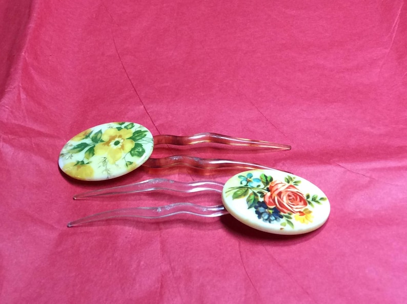 Vintage Porcelain Hair Picks with Flowers