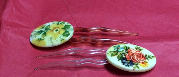 Vintage Porcelain Hair Picks with Flowers