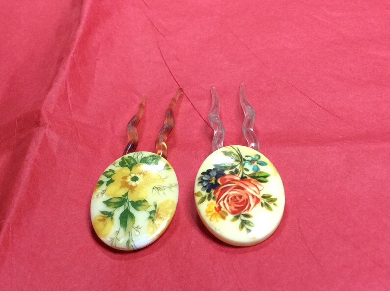 Vintage Porcelain Hair Picks with Flowers