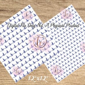 Puede incluir: Descarga digital de un papel imprimible de 30,5 x 30,5 cm con fondo blanco y un patrón repetitivo de pájaros estilizados azules. El texto "Archivo digital únicamente - No es un producto físico" está impreso en el papel.