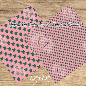 May include: Two digital paper designs featuring green stars on a pink background. The designs are 12 inches by 12 inches. "Digital File Only. Not A Physical Product."