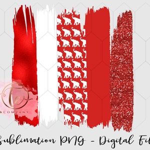 May include: Red, white, and red vertical stripes with a white elephant pattern in the center stripe. The stripes have a brushstroke effect and the red stripes have a glitter texture. The image is labeled "Sublimation PNG - Digital File".