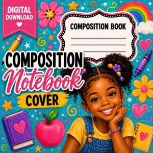 Può includere: Una copertina per quaderno digitale con un bambino sorridente dai capelli scuri ricci raccolti in codini, maglietta gialla e salopette di jeans. Lo sfondo è turchese con illustrazioni colorate di fiori, cuori, una mela e un arcobaleno.