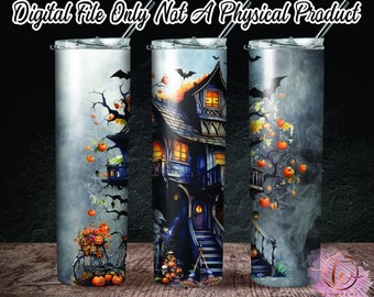 Archivo digital - Casa de las Brujas, Casa Encantada, Vaso de la Casa Espeluznante, Plantilla PNG Flaca de 20oz Recta