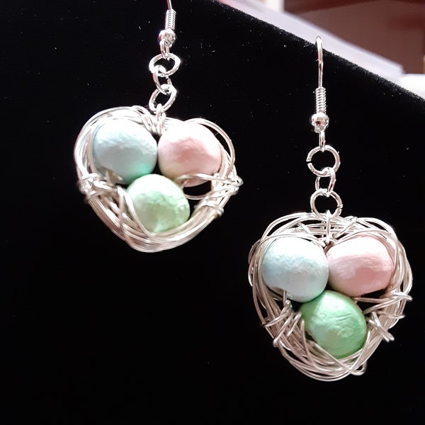 Birds Nest Earrings, Easter Egg Earrings, Colored Eggs, Pastel Eggs, Hand Painted Wood Beads, Non Toxic Paint, Sterling Silver Wire Wrapped