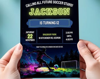Plantilla editable de invitación de cumpleaños de fútbol en Canva / Invitación para fiesta de fútbol / Descarga digital para niños / Invitación para fiesta infantil / Fiesta de fútbol infantil