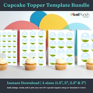 Blank Cupcake Topper Template | Editable Canva Design | 4 Sizes | DIY Printable Circle Tags | Instant Download | DIY Cupcake Toppers