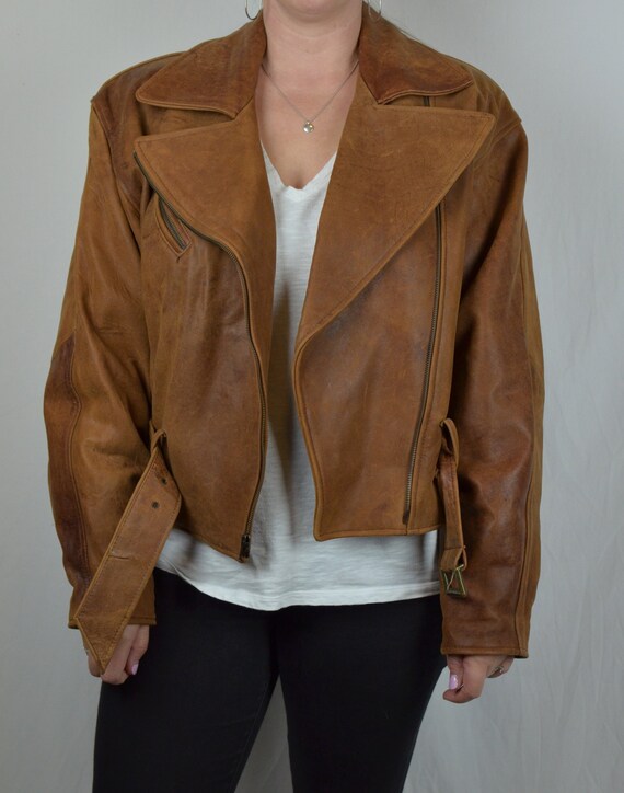 Vintage Leather Biker Jacket Brown Vakko Zipper Fr