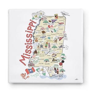 Mississippi Art on Canvas, 10&quot;x10&quot; Mississippi Map Canvas Art, Mississippi Print for Wall, Available in all 50 States, State Art