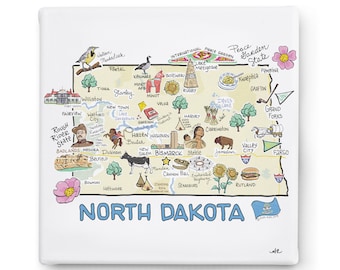 North Dakota Art on Square Canvas, North Dakota Map Canvas Art, North Dakota Print for Wall, Available in all 50 States, State Art