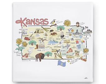 Kansas Art on Square Canvas, Kansas Map Canvas Art, Kansas  Print for Wall, Available in all 50 States, State Art, State Prints