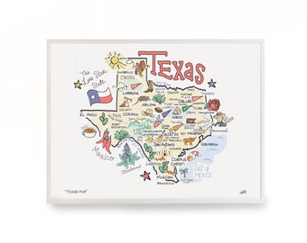 Texas Map Art, Texas Map, Texas Print, Unframed, Printed on watercolor paper