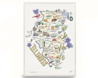 Illinois Map Art Print, Watercolor Paper, Fish Kiss Design