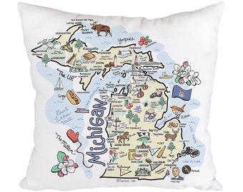 Michigan Map Pillow, 18&quot;x18&quot; Michigan Pillow, Michigan State Map Pillow, Indoor/Outdoor Pillow
