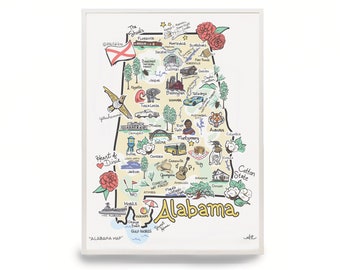 Alabama Art, Alabama Map, Alabama Print, Unframed, Print Signed by Artist, Printed on watercolor paper