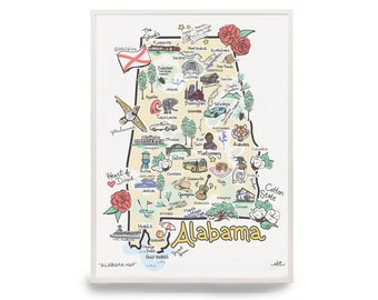 May include: A framed illustrated map of Alabama featuring hand-drawn icons of state landmarks, flora, fauna, and cities. The map includes text labels for locations like Birmingham, Mobile, and Montgomery, with the word Alabama written in yellow.