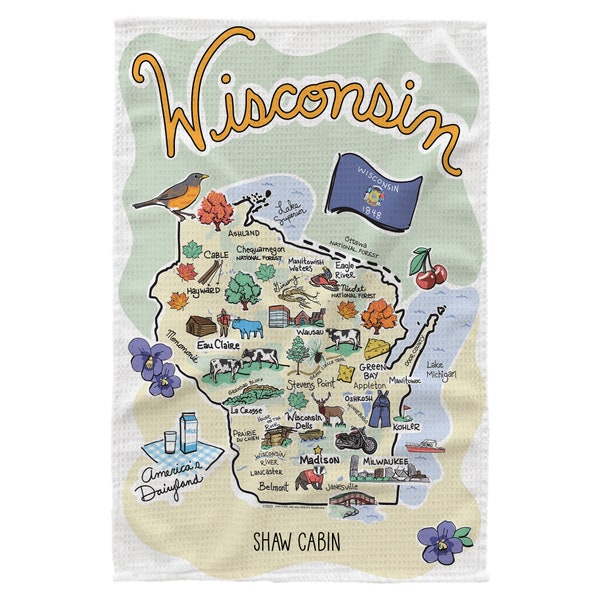 Custom Wisconsin Tea Towel, Custom Wisconsin Map Tea Towel, Custom Wisconsin Map Tea Towel - Microfiber Tea Towel