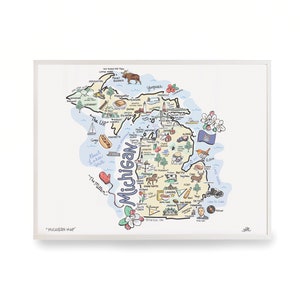 Michigan Art, Michigan Map, Michigan Print, Unframed, Print Signed by Artist, Printed on watercolor paper