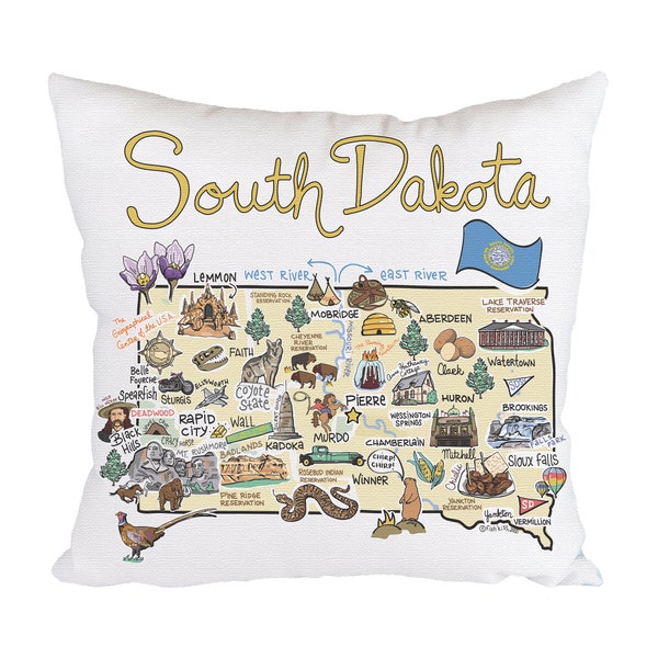 South Dakota Map Pillow, 18" x 18" South Dakota Pillow, South Dakota State Map Pillow, Indoor/Outdoor Pillow