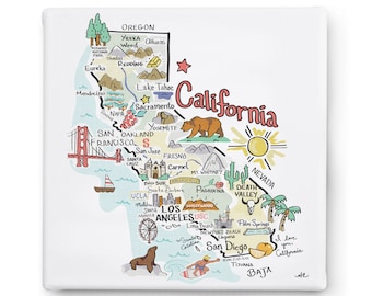 California Art on Square Canvas, California Map Canvas Art, California Print for Wall, Available in all 50 States, State Art, State Prints