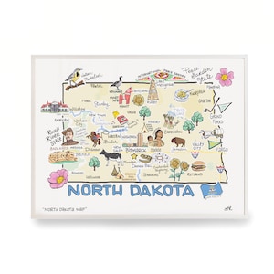 North Dakota Art, North Dakota  Map, North Dakota  Print, Unframed, Print Signed by Artist, Printed on watercolor paper