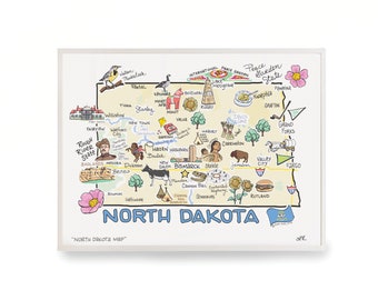 North Dakota Art, North Dakota  Map, North Dakota  Print, Unframed, Print Signed by Artist, Printed on watercolor paper