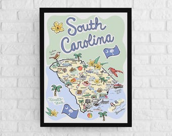 South Carolina Map Art Print: Illustrated State Poster