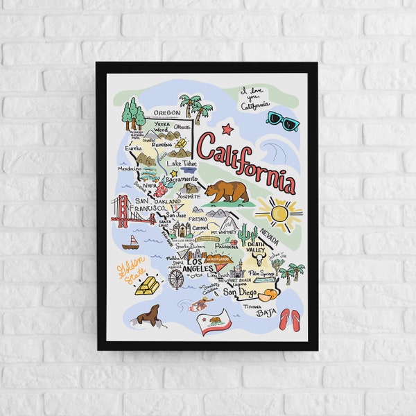 California Art, California Map, California Poster, Unframed, State Map Poster