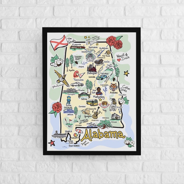 Alabama Art, Alabama Map, Alabama Poster, Unframed, State Map Poster