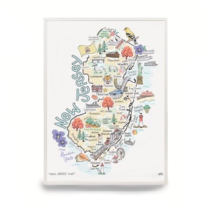 New Jersey Art, New Jersey Map, New Jersey Print, Unframed, Print Signed by Artist, Printed on watercolor paper