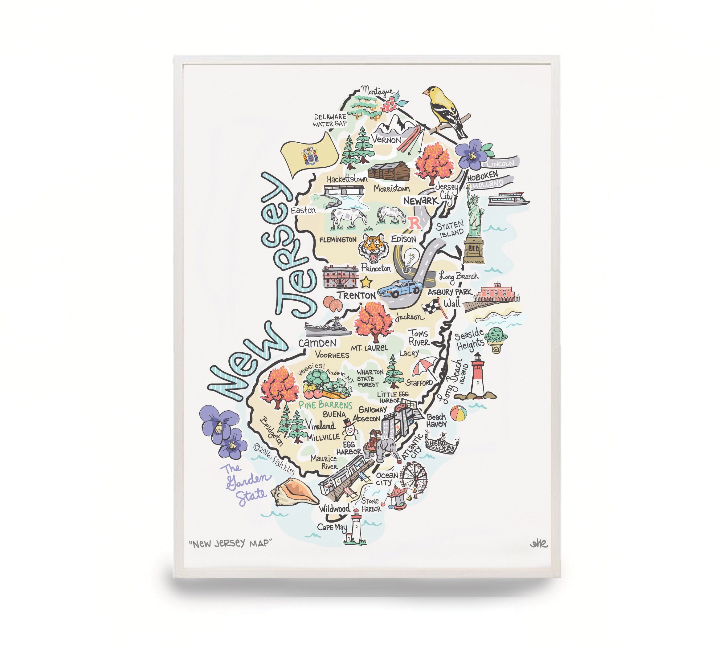 New Jersey Art, New Jersey Map, New Jersey Print, Unframed, Print Signed by Artist, Printed on watercolor paper
