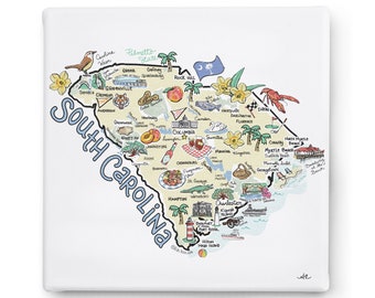 South Carolina Art on Square Canvas, South Carolina Map Canvas Art, South Carolina Print for Wall, Available in all 50 States, State Art