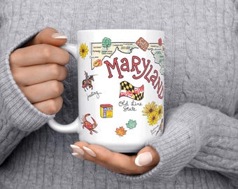 Customizable Maryland State Map Coffee Mug: 15 oz. Glossy Ceramic