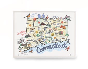 Connecticut Map, Connecticut Print, Unframed, Printed on watercolor paper