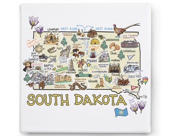 South Dakota Art on Square Canvas, South Dakota Map Canvas Art, South Dakota Print for Wall, Available in all 50 States, State Art