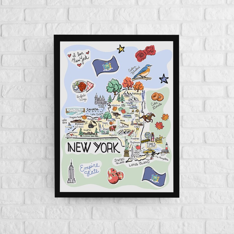New York Art Map Poster: Illustrated State Landmarks, Unframed image 1