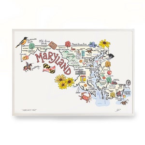 Maryland Art, Maryland Map, Maryland Print, Unframed, Print Signed by Artist, Printed on watercolor paper