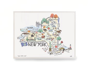 New York Art, New York Map, New York Print, Unframed, Print Signed by Artist, Printed on watercolor paper