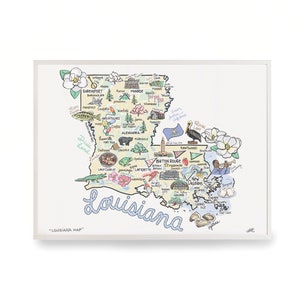 Louisiana Art, Louisiana Map, Louisiana Print, Unframed, Print Signed by Artist, Printed on watercolor paper