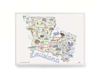 Louisiana Map Art Print: Signed Watercolor Illustration