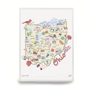 Ohio Art, Ohio  Map, Ohio Print, Unframed, Print Signed by Artist, Printed on watercolor paper