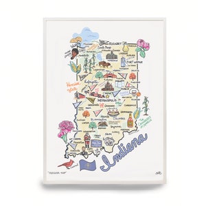 Indiana Art, Indiana Map, Indiana Print, Unframed, Print Signed by Artist, Printed on watercolor paper