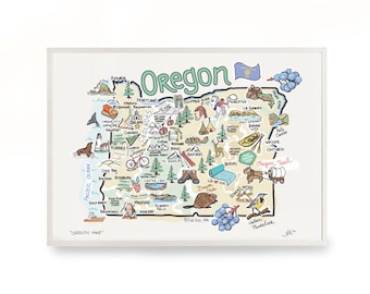 May include: A colorful illustrated map of Oregon with various landmarks, cities, and points of interest. The map features a green outline of the state with the word "Oregon" in a green bubble. The map includes illustrations of a beaver, a mountain range, a wagon train, a lighthouse, a bicycle, and a fish.