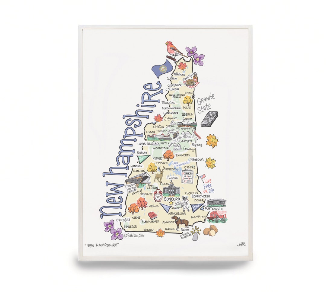 New Hampshire Art, New Hampshire Map, New Hampshire Print, Unframed